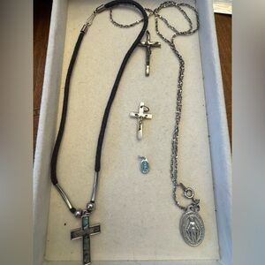 Silver Religious Cross & Medal Necklace set of 5 Religious Jewelry items
